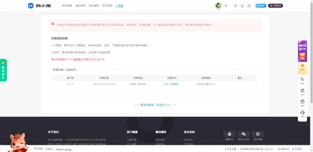 子比主题 — 用户小黑屋禁封公示页面-码小淘博客